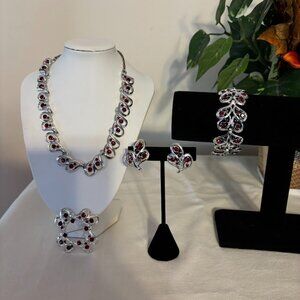 Ruby Color Stones in Silver Tone - Necklace, Earrings, Bracelet, Earrings set